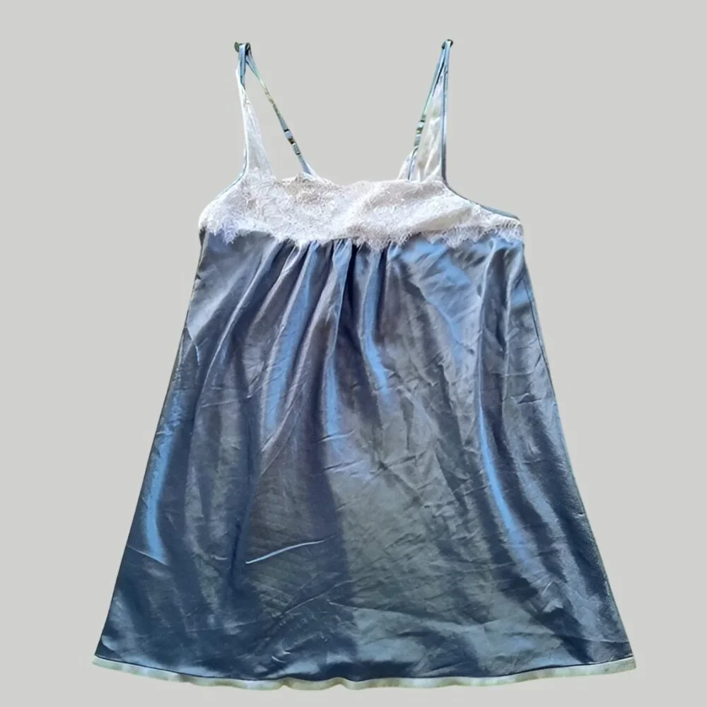 Anthropologie Floral Nikrooz Pearl Lace Slip Vintage Blue Size Medium - Picture 1 of 9